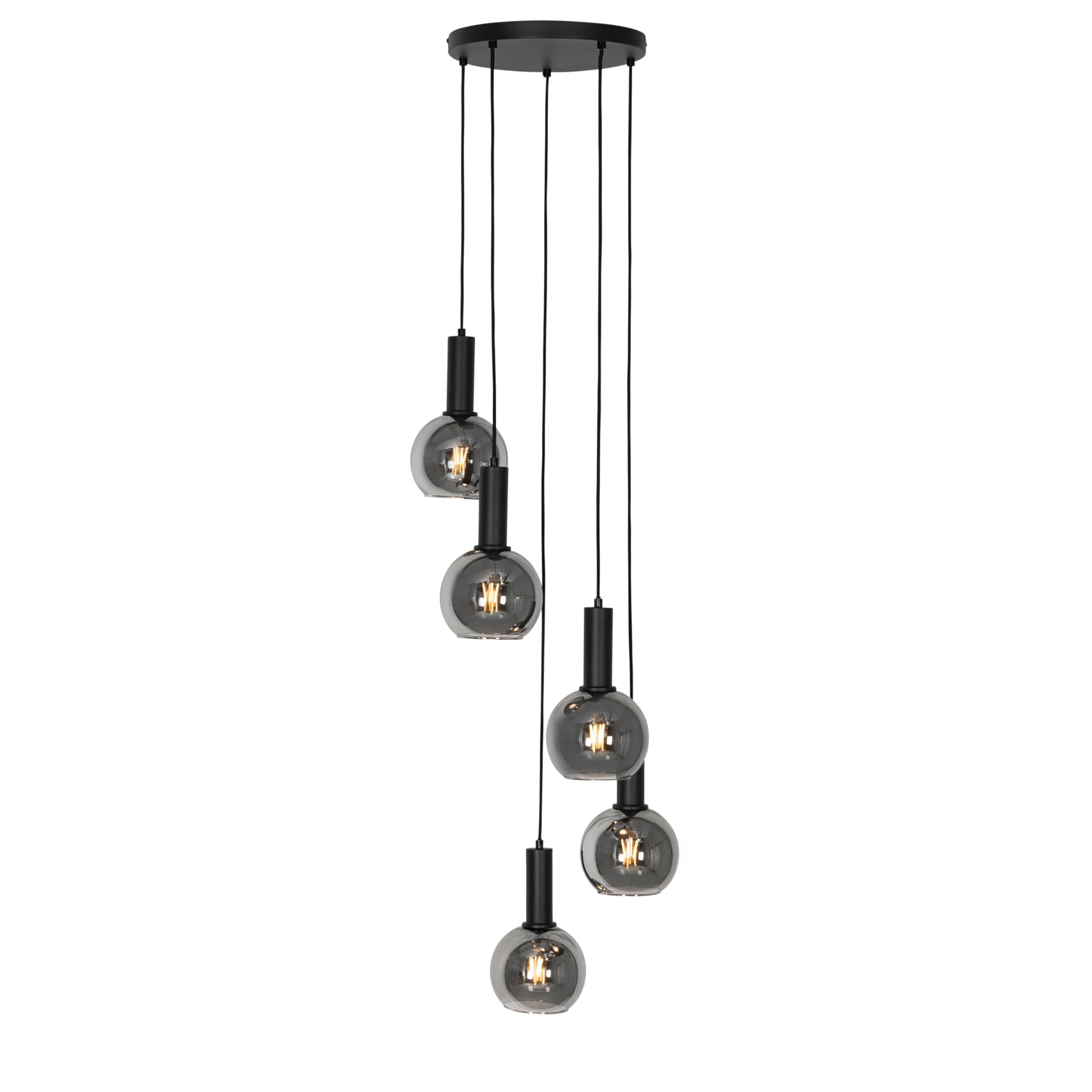 Qazqa Art Deco Pendelleuchte, Pendellampe - Josje - Schwarz mit Rauchglas, Rund, 5-flammig,
