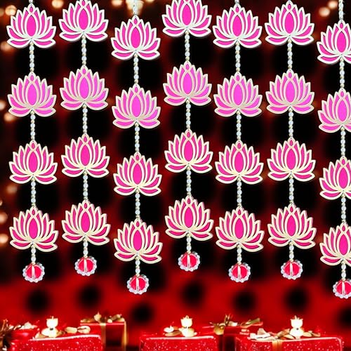 Image of Rajasthan Kraft Pink Lotus Long Hanging Decoration with Red Moti Topi | Pack of 4 (21 x 3 Inch) | Elegant Wall & Door Decor for Diwali, Navratri & Pooja(RK-36501-4).