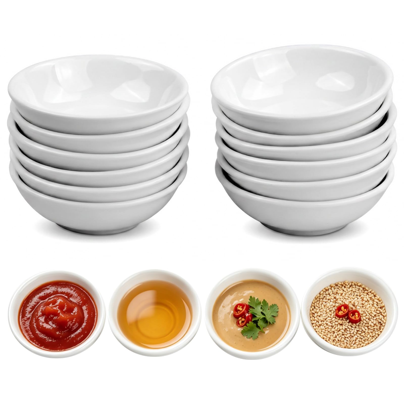 Merzio 12 Pcs Ceramic Dipping Bowls, 7.5cm Small Ramekins for Dips, White Porcelain Soy Sauce Dish, Round Side Seasoning Dishes for Sushi, Ketchup, BBQ, Snacks & Condiments