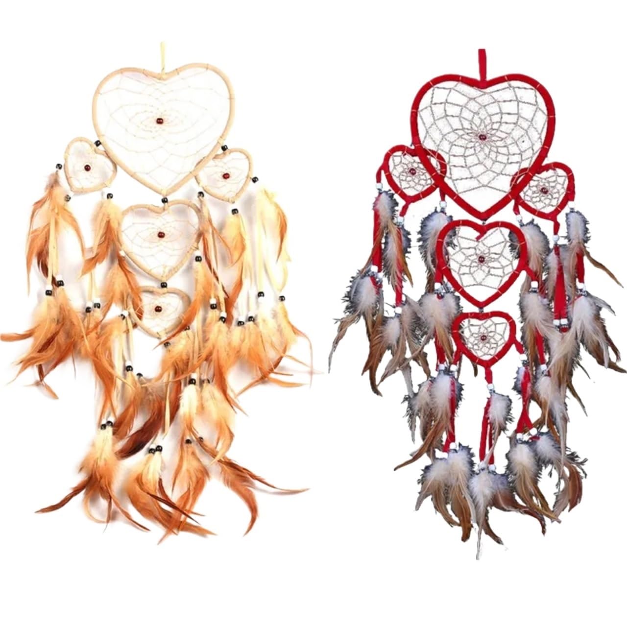 Atrapasueños Campana de Viento atrapasueños Grande, en Forma corazón, Colgante Pared del Dormitorio, Adorno Plumas, artesanías Tejidas a Mano, 2 uds(Red Coffee)