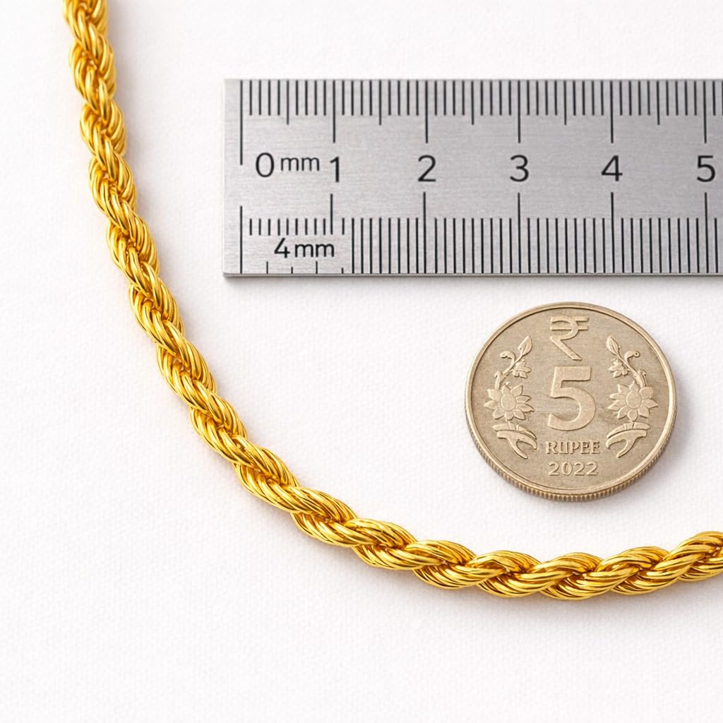 1 Gram 24K Gold Plated Rope Chain for Men & Boys | 24 Inch Long Heavy Look Necklace | Traditional Gold Plated Jewelry for Wedding