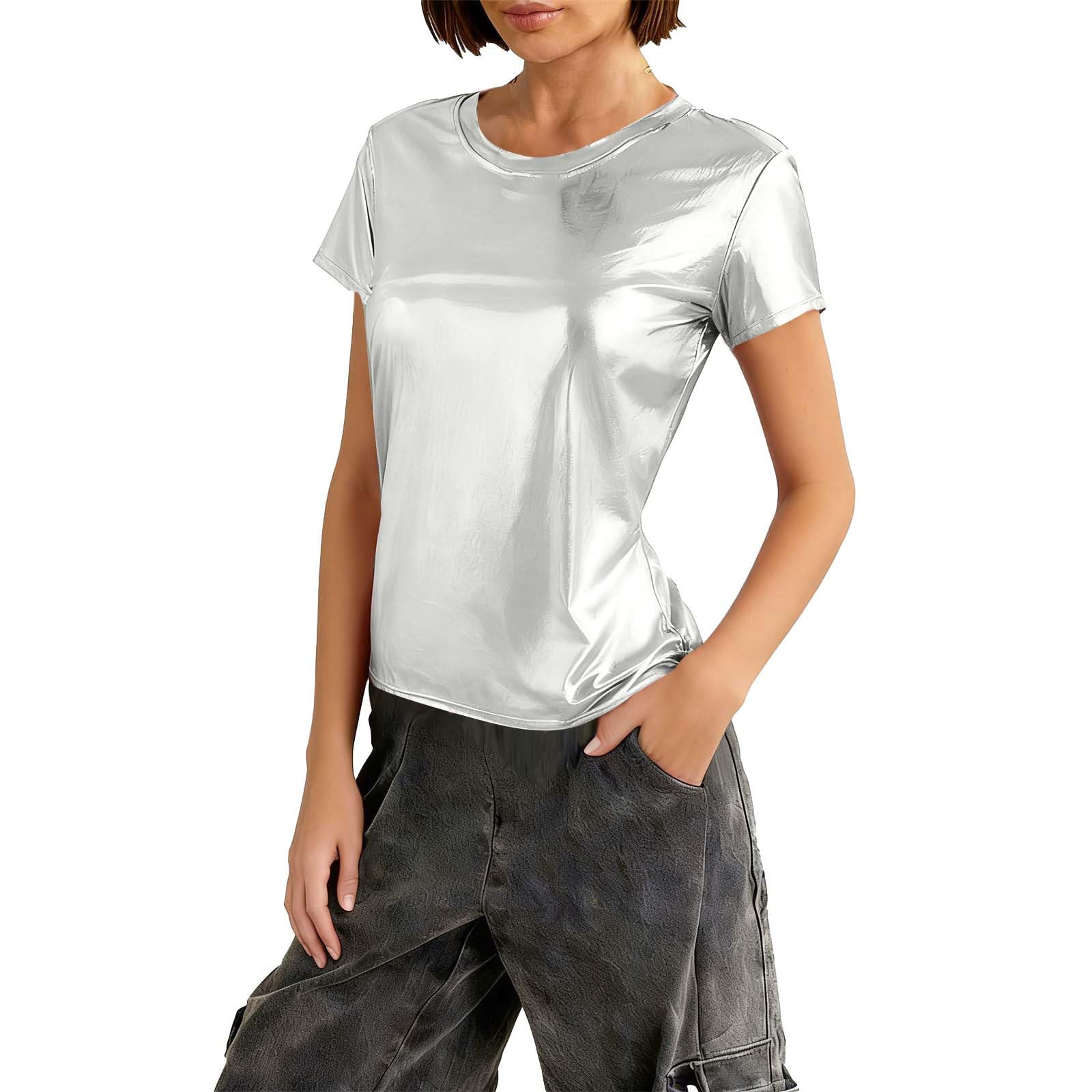 Silver Metallic Look Tops Women Glitter Space Alien Costume 80s Style Party Dance Disco Carnival Blouse Shiny Holographic Tunic Fitted Short Sleeve Tops Festival Hip-Hop Disco Club Clothing