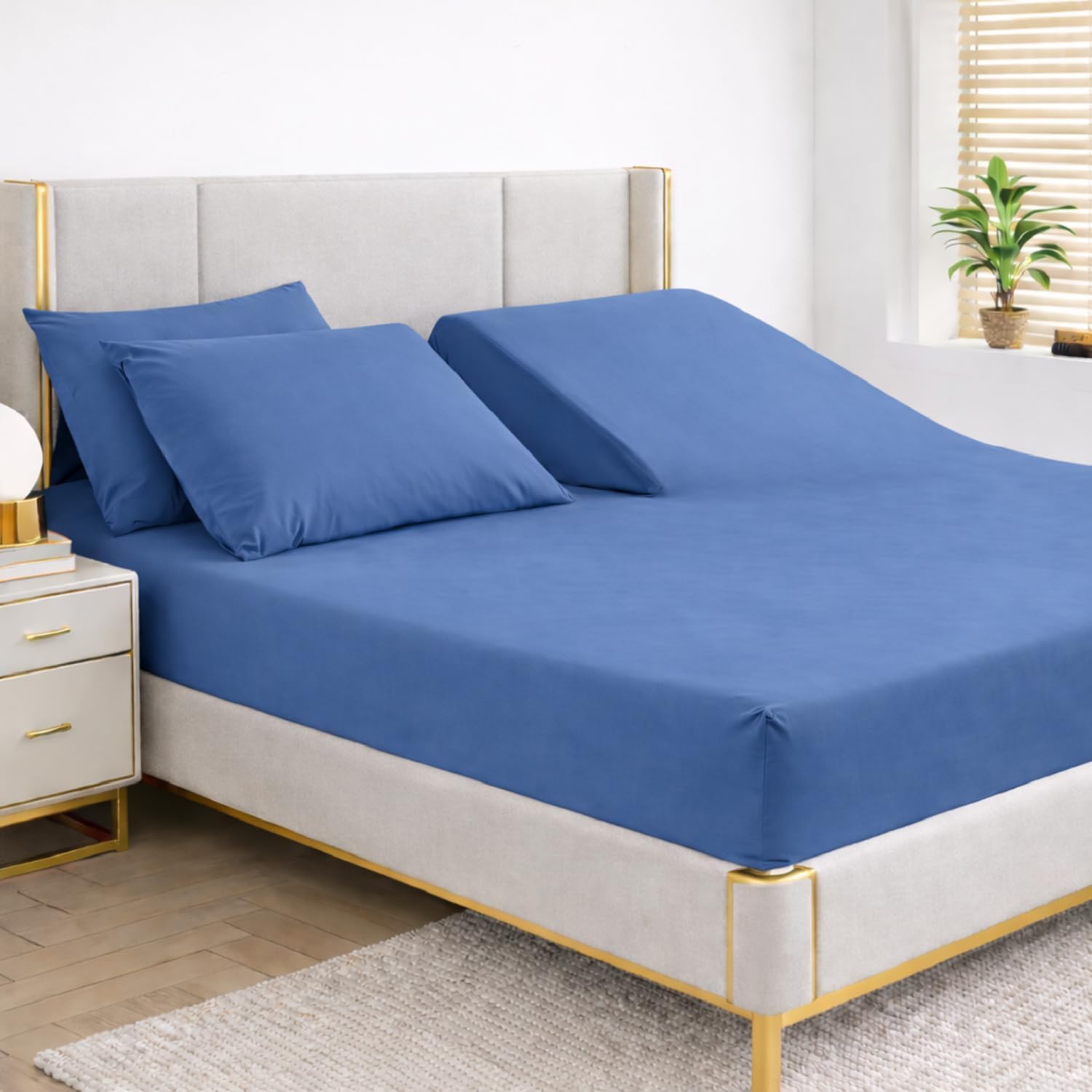 Split Fitted Sheet 600 Thread Count 100% Cotton for Adjustable Beds – 28” Split from Head, Flex Top Queen Size, Up to 24 Extra” Deep Pocket, Half Split Mattress Sheet Only (Medium Blue)