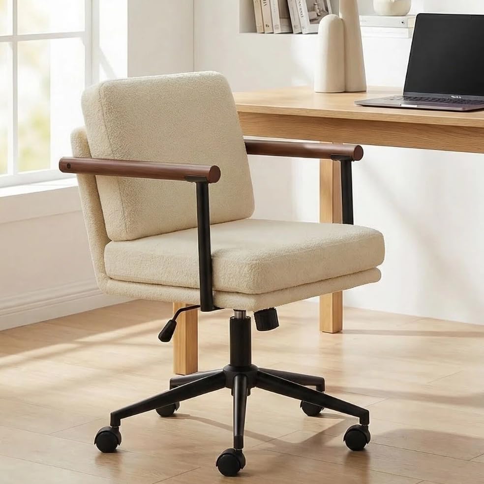 FurniSoar Chaise de Bureau avec Accoudoirs en Bois, Réglable en Hauteur, Chaise de Coiffeuse Rembourrée à roulettes, Fauteuil Pivotant Ergonomique en Sherpa...