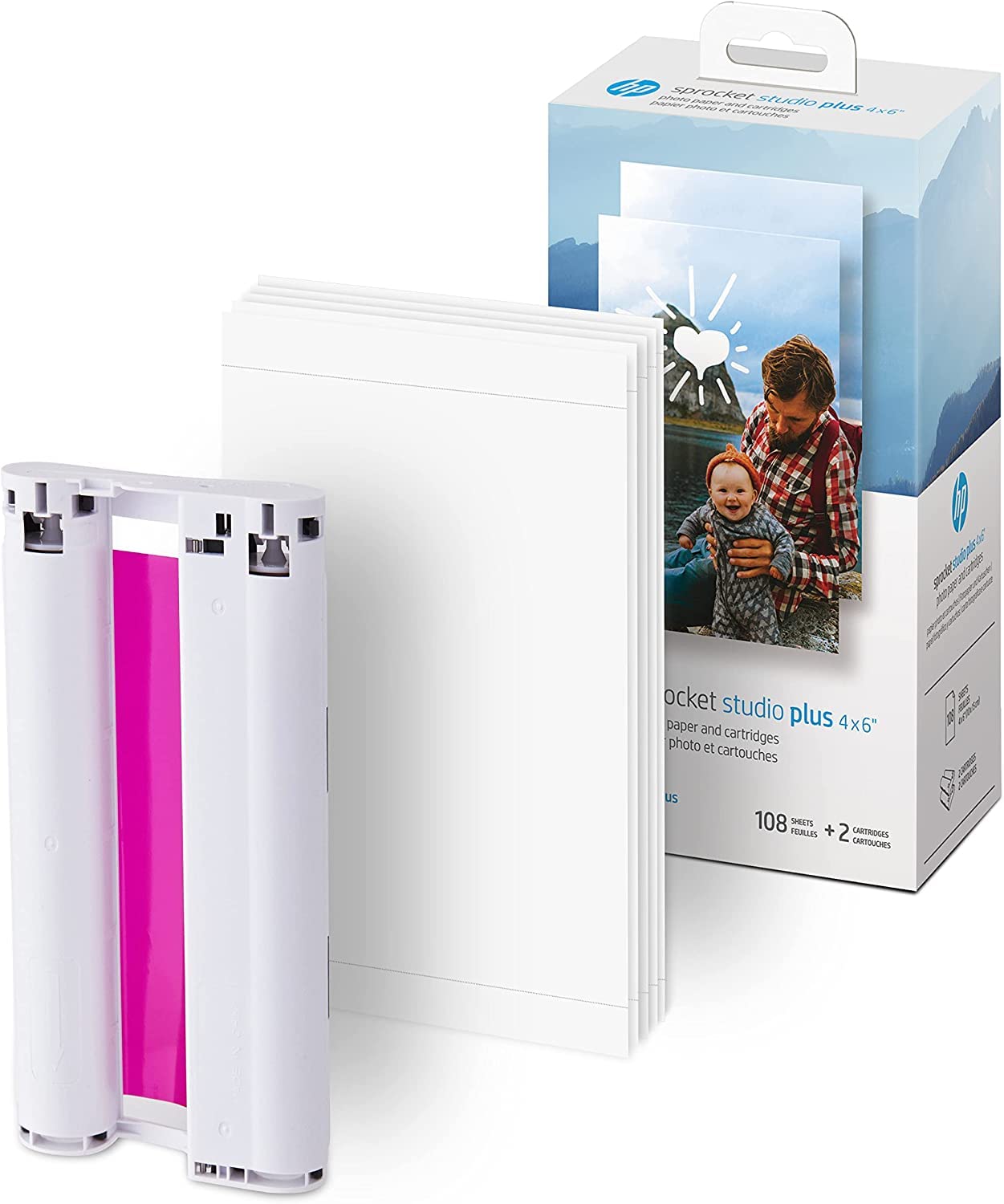 HP Sprocket Studio Plus Stampante Wi-Fi – Stampa in modalità wireless foto 4x6 + Sprocket Studio Plus 10,2 x 15,2 cm Carta fotografica e cartucce (include 108 fogli e 2 cartucce)