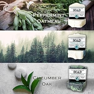 Emily's Homestead Natural Variety Bar Soap, 3 Pack, Cucumber Oak, Peppermint Oatmeal, Woodland Walk, Gift Set Emilys Homestead Natural Variety Bar Soap 3 Pack Cucumber Oak Peppermint Oatmeal Woodland Walk Gift Set