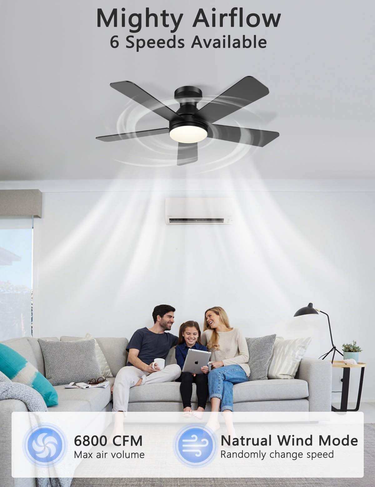 Ventilatore da soffitto silenzioso da 42 pollici con luci, controllo remoto e tramite app, timer, motore CC reversibile, 5 pale, 6 velocità, luci LED dimmerabili per camera da letto, soggiorno e cuci