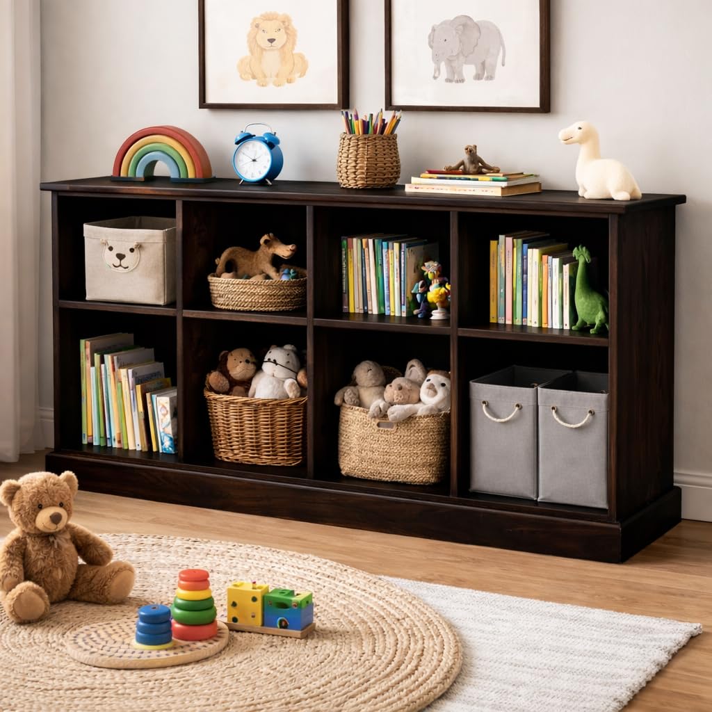 ANGEL FURNITURE Solid Sheesham Wood Space Saver Large Bookshelf | Sideboard (Standard, Walnut Finish)-image-9