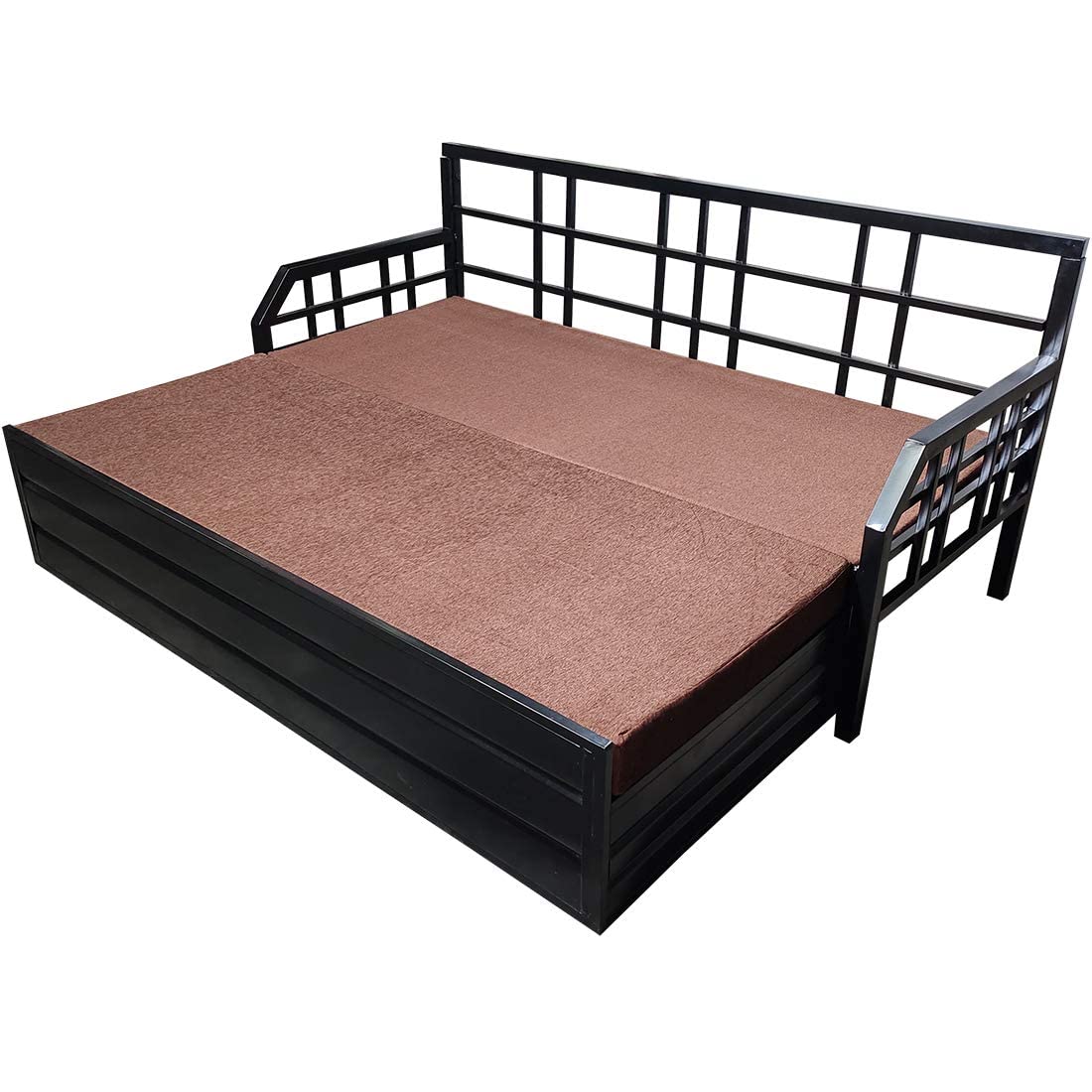 Elegant Queen Size Matte Black Metal Sofa Cum Bed with Hydraulic Storage – 3 Seater, Brown Fabric (6X5) Elegant Queen Size Matte Black Metal Sofa Cum Bed with Hydraulic Storage – 3 Seater, Brown Fabric (6X5)
