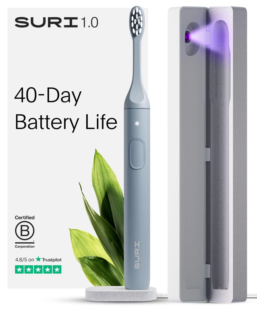 SURI1.0 Sonic Electric Toothbrush with UV Cleaning Travel Case | 1 Month+ Battery | UK’s No.1 Rated | Sustainable Electric Toothbrush Adults | Sonic Toothbrushes | BlueClimatePartner certified
