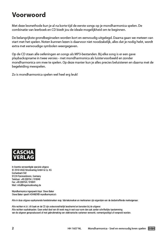 CASCHA Mundharmonika Lern-Set inklusive hochwertiger Harmonika in C-Dur diatonisch, Niederländischer Einsteiger Schule, Case und Pflegetuch, ideal für Anfänger und Erwachsene