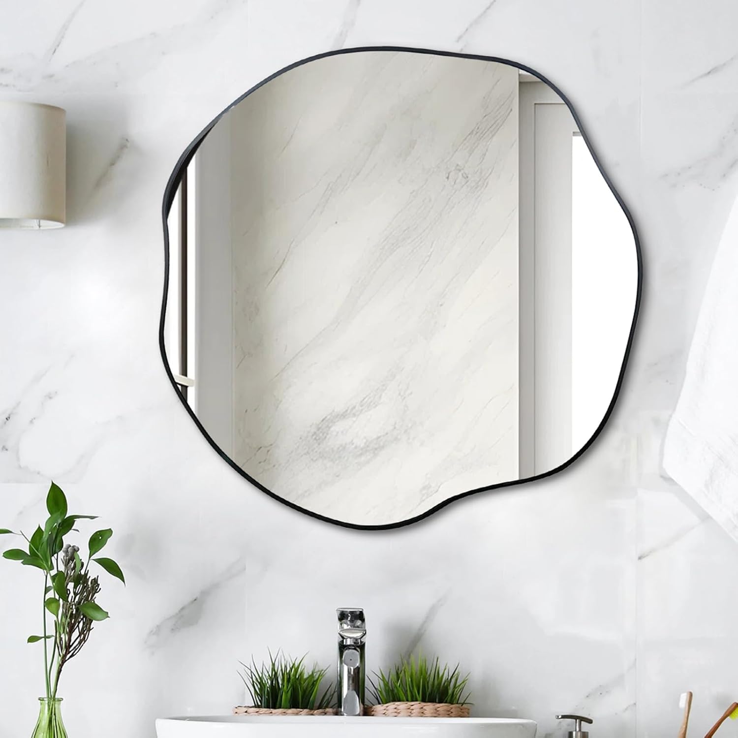 POZINO Irregular Mirror, 25" Scalloped Round Mirror, Asymmetrical Circle Mirrors, Black Waved Decorative Mirrors for Living Room Bathroom Bedroom Entryway Fireplace 25"L x 25"W Black