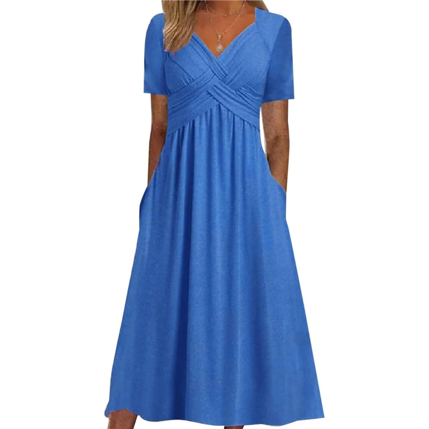 Crisscross Twist Front V Neck Casual Short Sleeve Maxi Dress,Casual Plus Size V-Neck Maxi Dresses,Womens Beach Dresses for Wedding Guest with Pocket (Blue,XXL)
