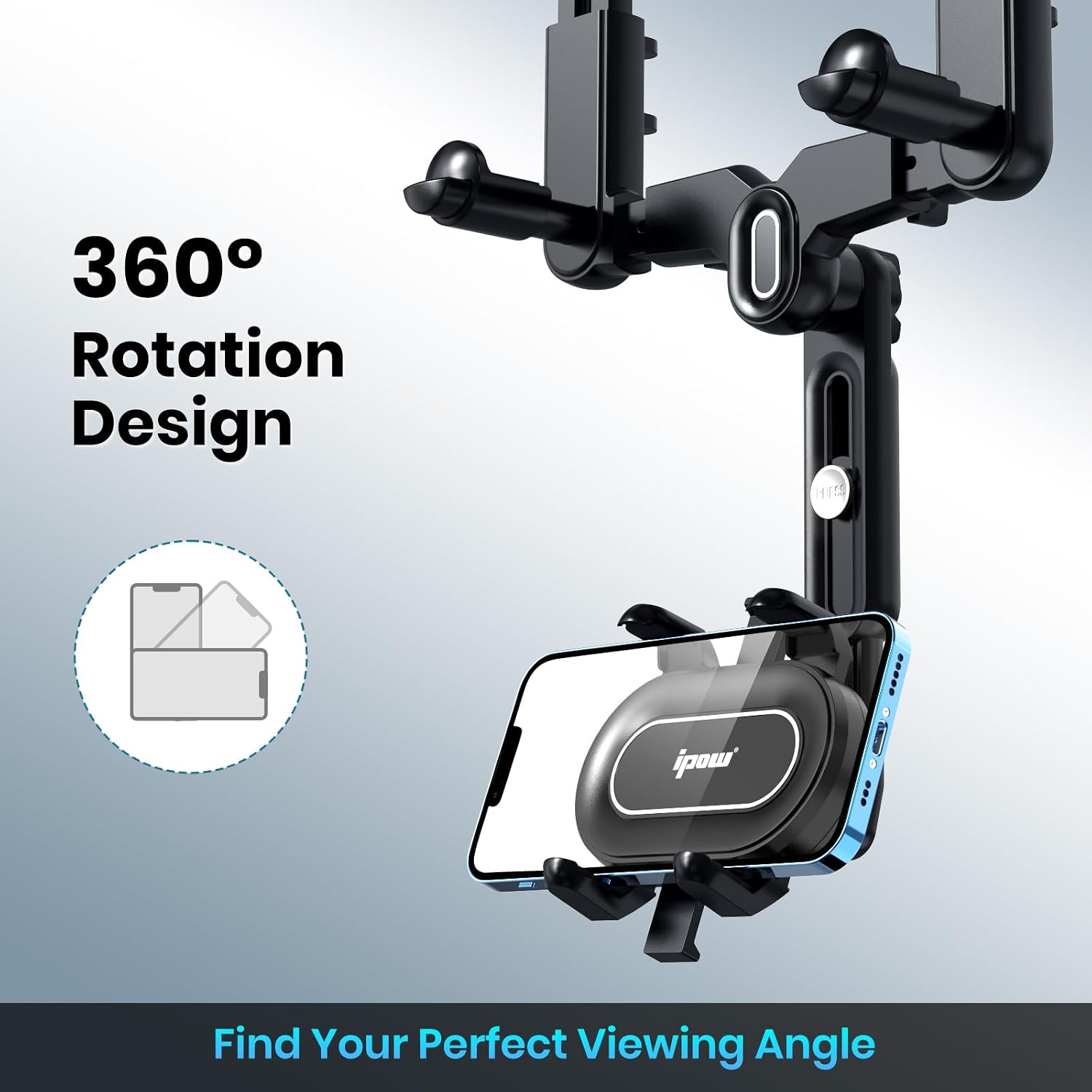 IPOW Large Rearview Mirror Phone Holder, Rotatable and Retractable, Anti-Shake Phone Mount for Car Compatible with iPhone 17/16/15/14/13/12/11 Pro Max, Samsung All 4-7 Inch Phones