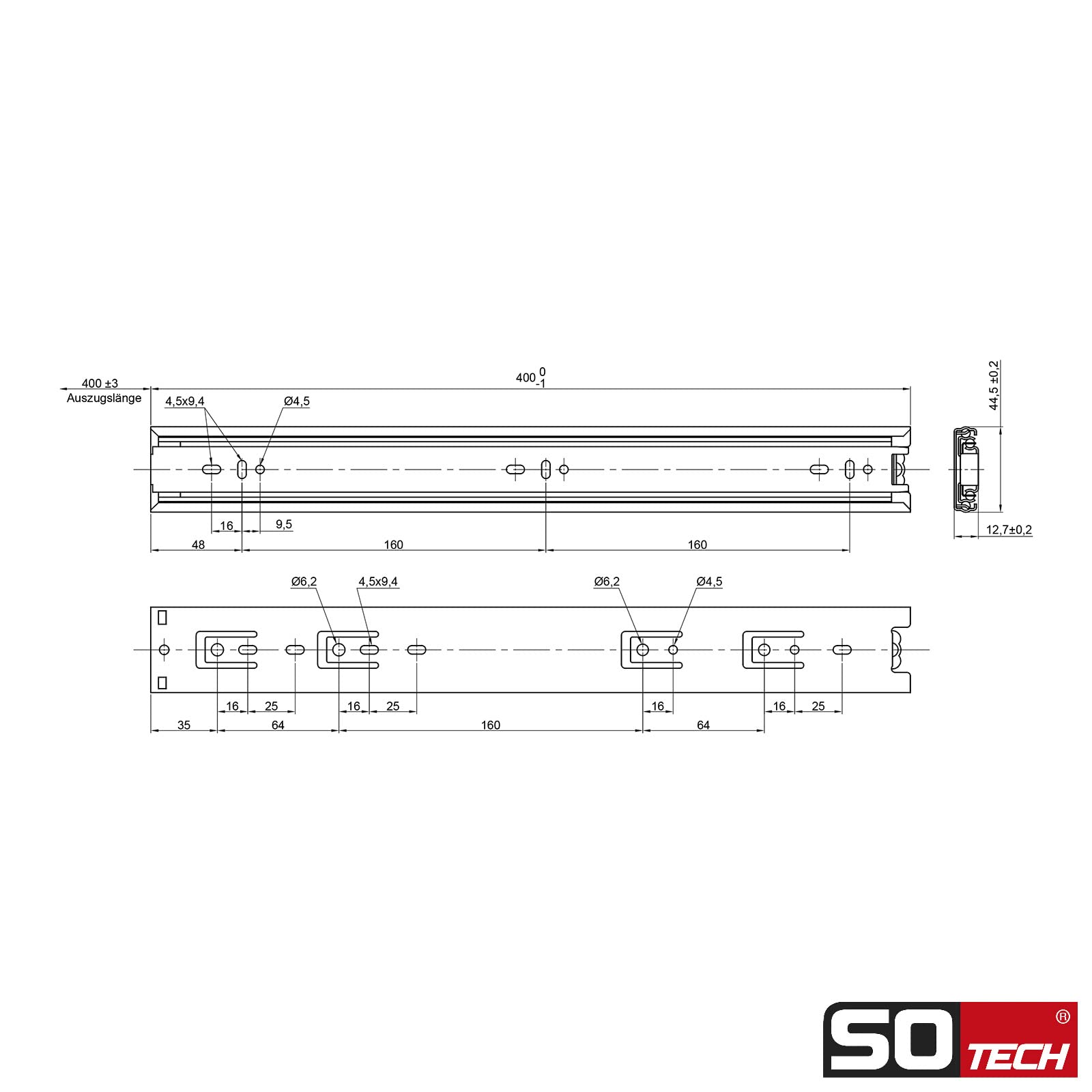 SOTECH 4 paires de Coulisse à sortie totale KV-35-H45-L400-NF-MS 400 mm version standard, charge admissible 35 kg, glissière de tiroir avec kit de visserie