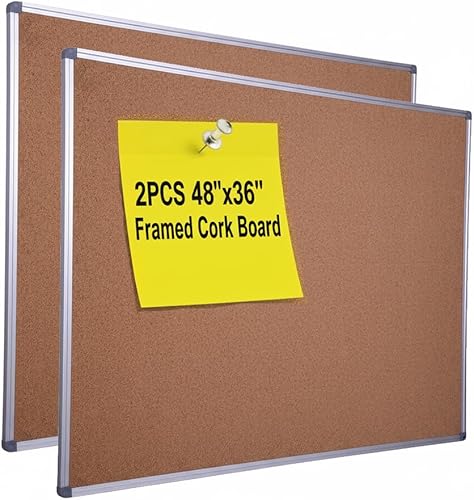 Tablero de corcho, paquete de 2 tableros de anuncios de 48 x 36 pulgadas, marco de aluminio plateado