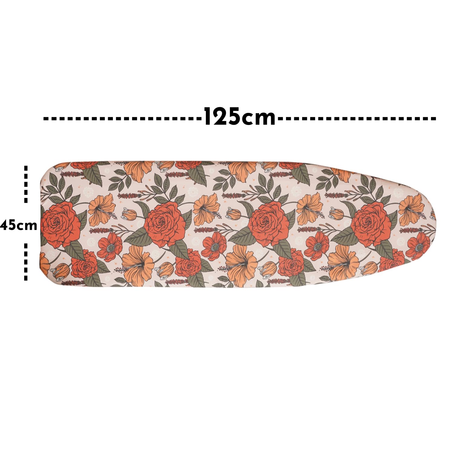 Copriasse da Stiro 125x45cm, Copri ASSE da Stiro Universale con Imbottitura in Feltro Spessa 6mm, Coulisse di Serraggio, Ganci e Chiusure, Stampa Floreale