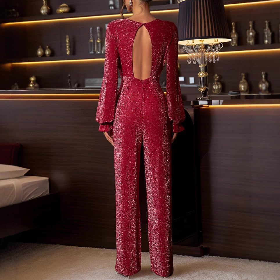 [PxshEisua] 女性用エレガントな赤いスパークリークルーネックバックレスフリルエラスティックスリーブハイウエストジャンプスー