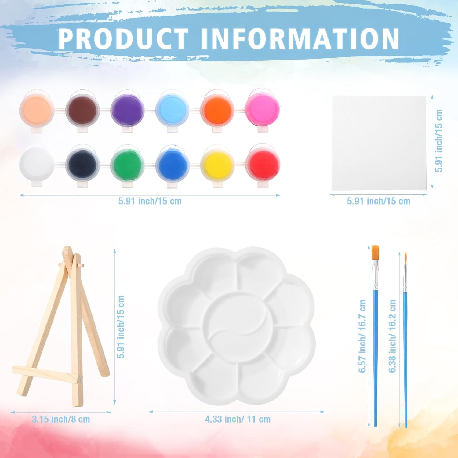 Qilery 36 Set 6 x 6 Inch Mini Canvas Boards with Easel Painting Kit, Acrylic Paints Strips, Brushes, Palette, Oil Art Set for Acrylic Birthday Party Favors
