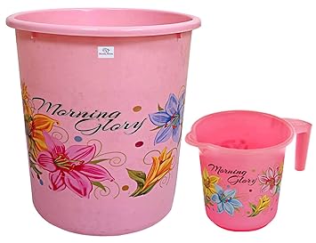 Heart Home Printed 2 Pieces Unbreakable Virgin Plastic Multipurpose Bathroom Dustbin & Mug Set (Pink)