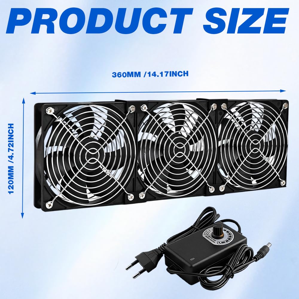 Ventola per PC da 360 mm, 3 ventole da 120 mm, ventola per PC da 12 V, con spina di alimentazione e regolatore di velocità continuo, 2700 giri/min, silenziose e potenti fan per computer, server, TV