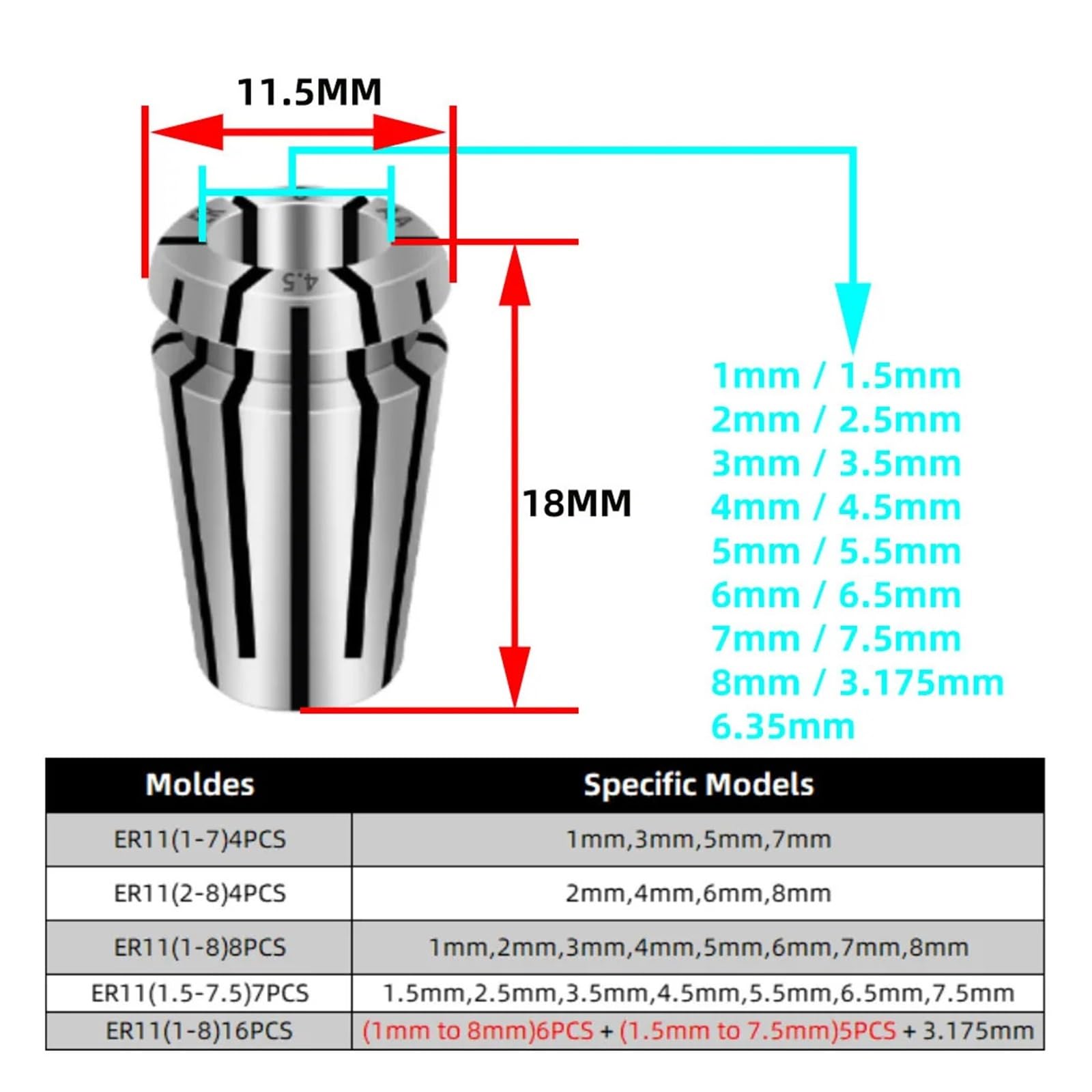 LYVQZPWLRconjunto de pinzas de resorte, 1 pieza de precisión 0,008 ER11, pinzas de sujeción for máquina de grabado, pinzas de resorte de 1-7 mm, 8 mm, husillo CNC, portaherramientas ER, tuercas AA ER1