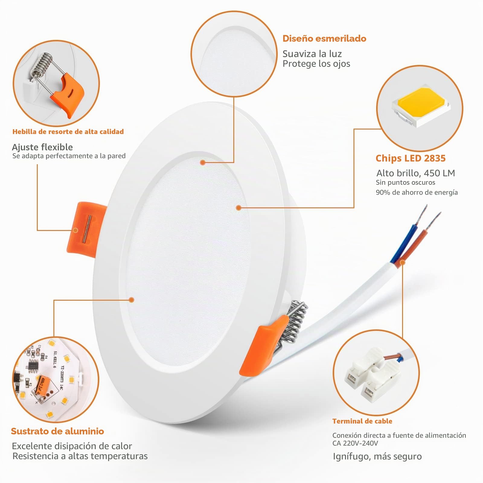 Tomosu Pack 10 Downlight LED Techo Empotrable Extraplano Redondo, 5W 450LM, Blanco Natural(4000K), IP44 Corte 75-90mm, AC 220-240V, Foco Empotrable LED Techo Ojo de Buey
