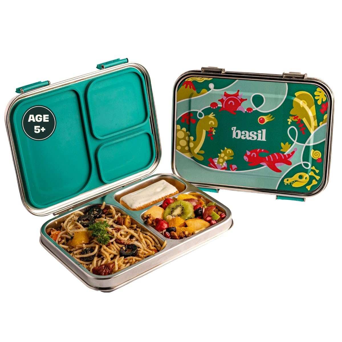 Basil Bento Box – 900 ml 3-Compartment Stainless Steel Lunch Box for Kids | Leak-Proof Tiffin Box for School - Green Dino | Hocus - Docus