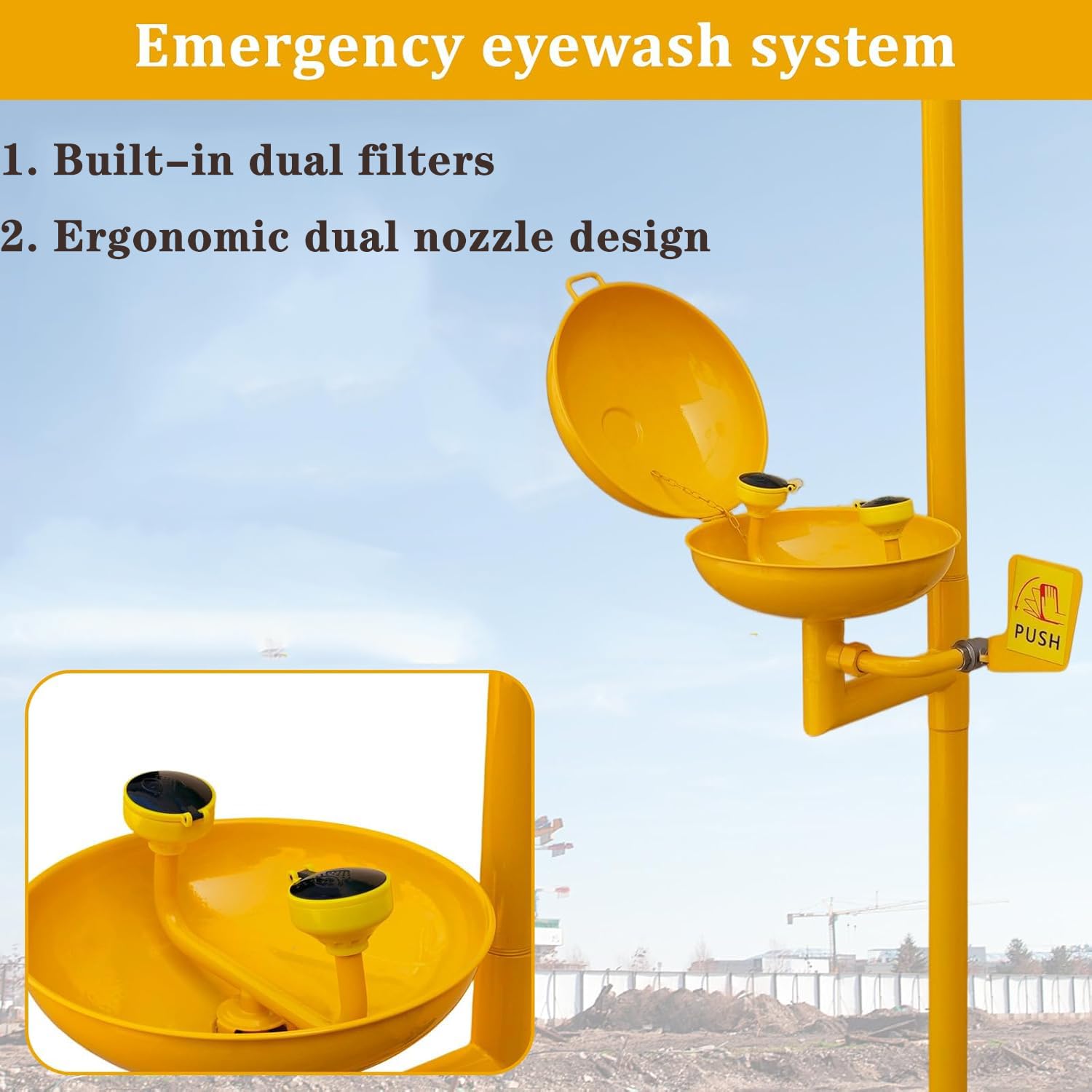 Stazione lavaocchi di Emergenza, Combinazione Doccia di Sicurezza in Acciaio Inox, Filettatura NPT per scuole, Laboratori, fabbriche, Rivestimento Giallo in ABS