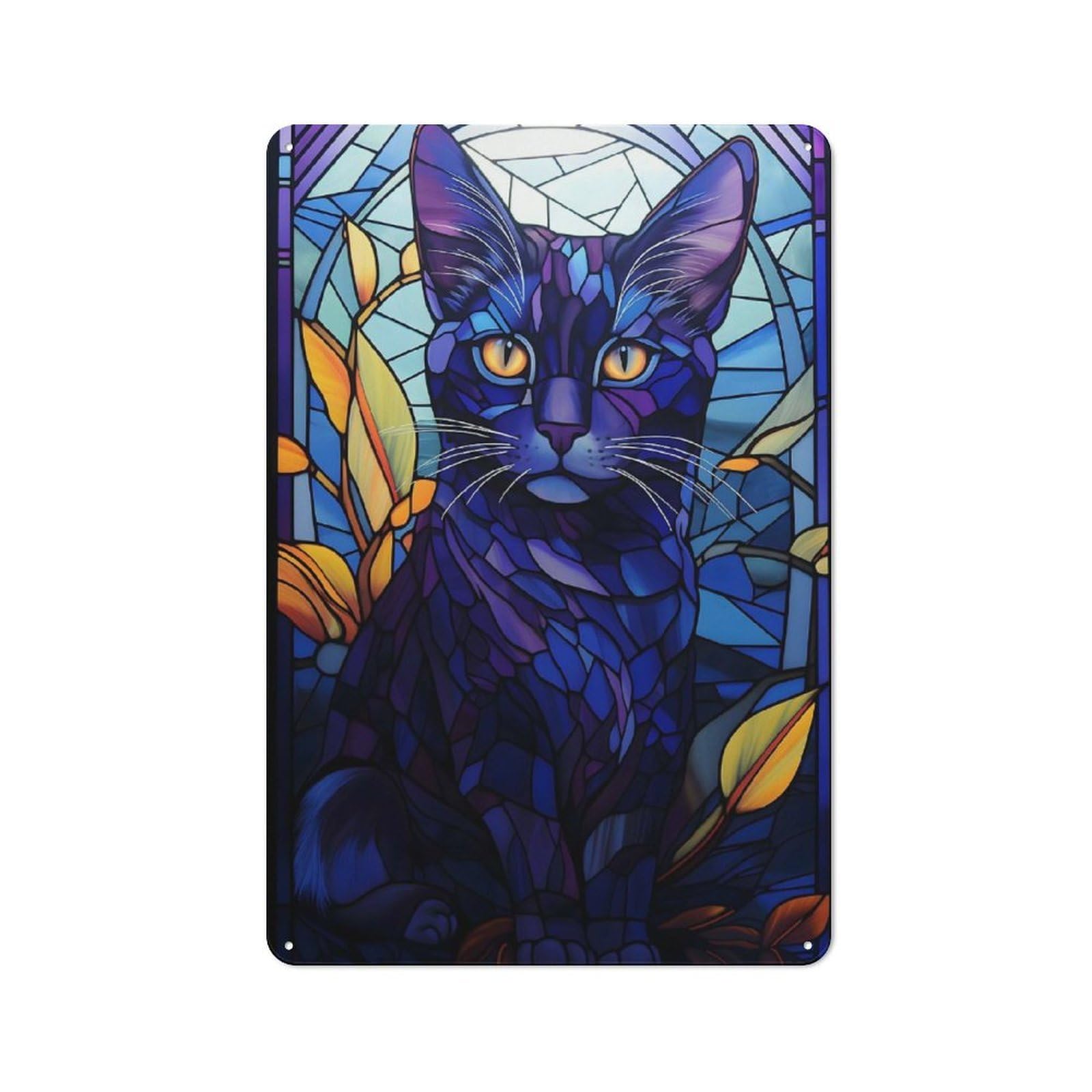 Junmoney Blue Cat Stained Glass Garden Room Metal Sign With Design 30X20cm, Rustic Porch Wall Decor For Patio Bar, Workshop, Shed Or Kitchen