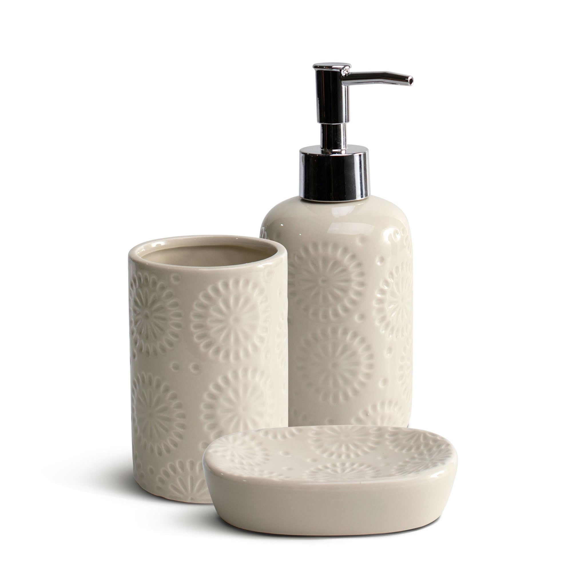 THE SECRET HOME─ Set de Baño de 3 Piezas ─ Conjunto de Acessorios para Aseo de Diseño Moderno─ Juego de Baño con Dispensador de Jabón, Vaso y Jabonera─ Diversos Modelos (Modelo 3- Beige)