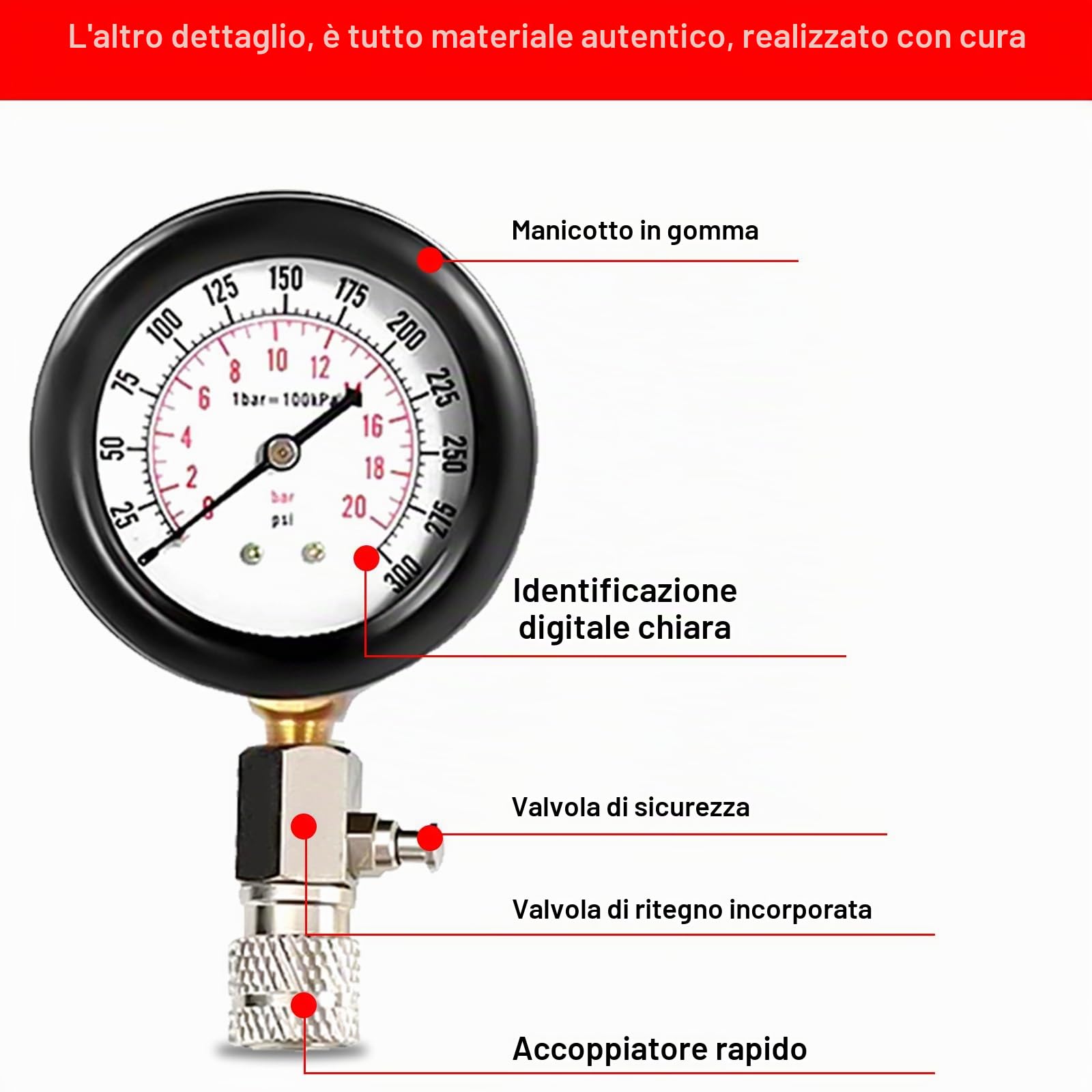 Kit Tester di Compressione per Auto: Set di 4 Adattatori e Valigia, Misuratore di Compressione Motore a Benzina 0-20 Bar o 0-300 PSI, per Camion, Moto