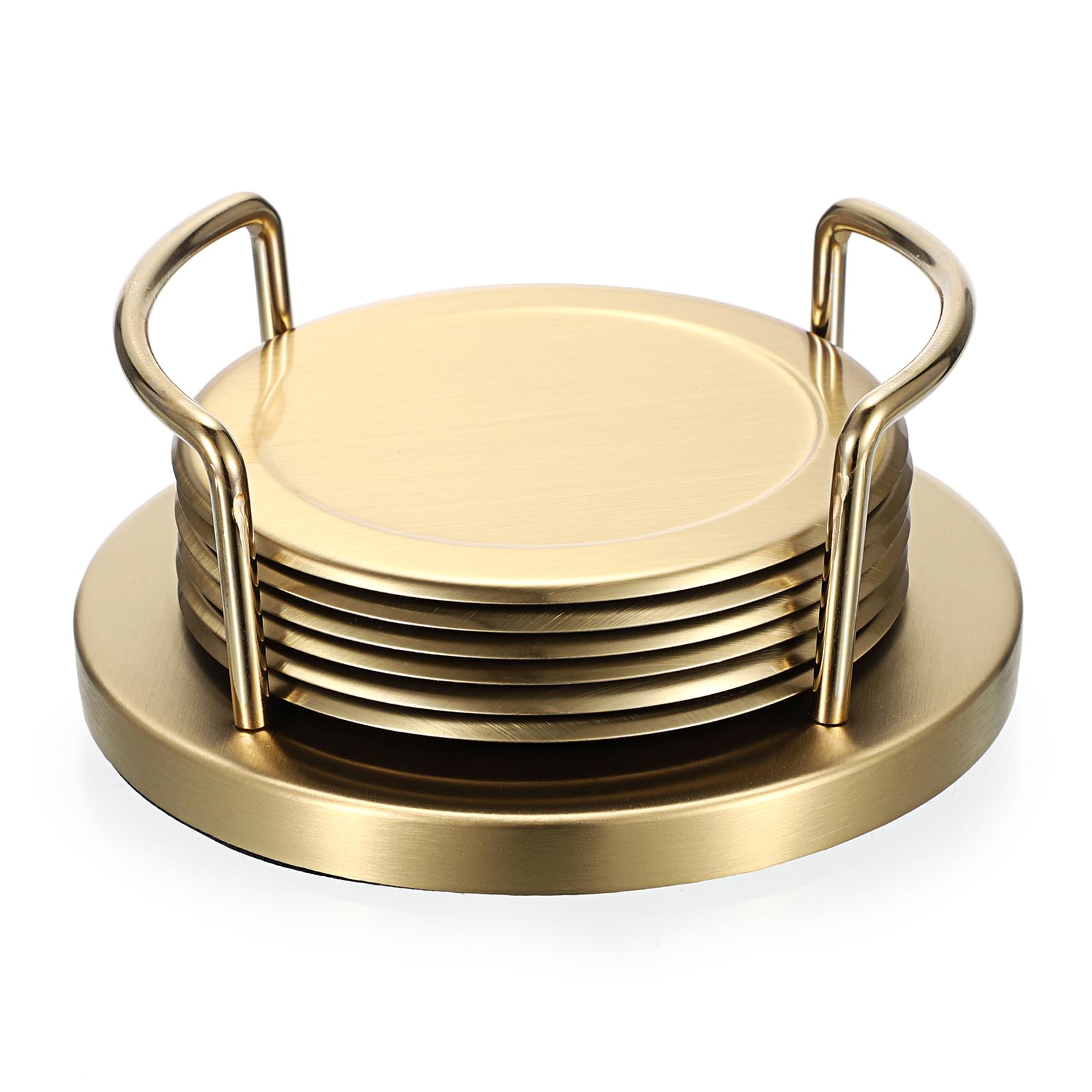 JUXYES Set of 6 Stainless Steel Round Coasters with Holder & Sponge Bottom, Golden Metal Cup Coasters Set Stunning Cool Coaster Cups Mats Decor for