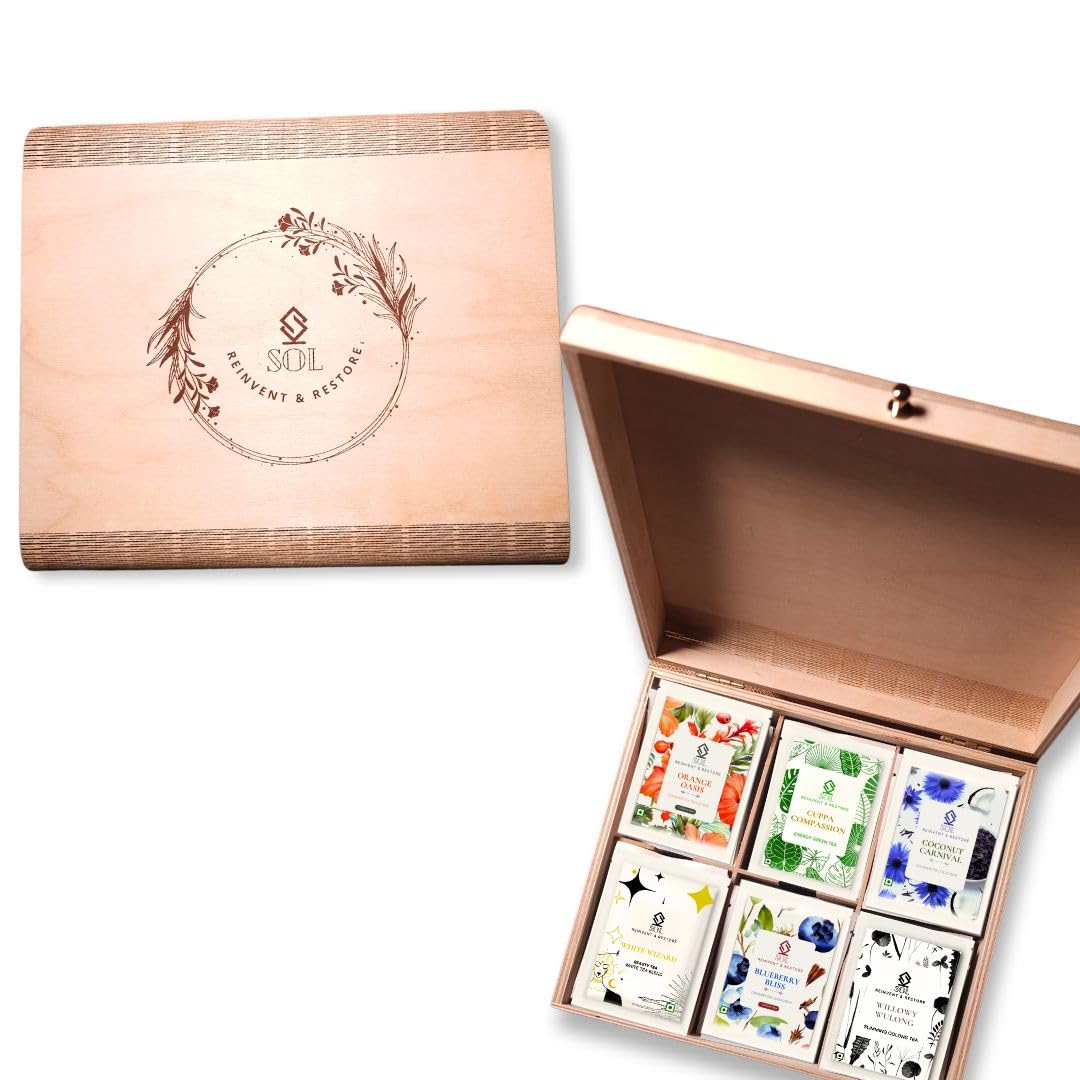 SOL Wooden Premium Green Tea Gift Box | Tea Gift Set | 6 Wellness Teas - Jasmine Oolong, Marigold Green Tea, Coconut, Blueberry, White Tea, Orange | 60 Total Tea bags | Assorted Tea Bags Gift Box