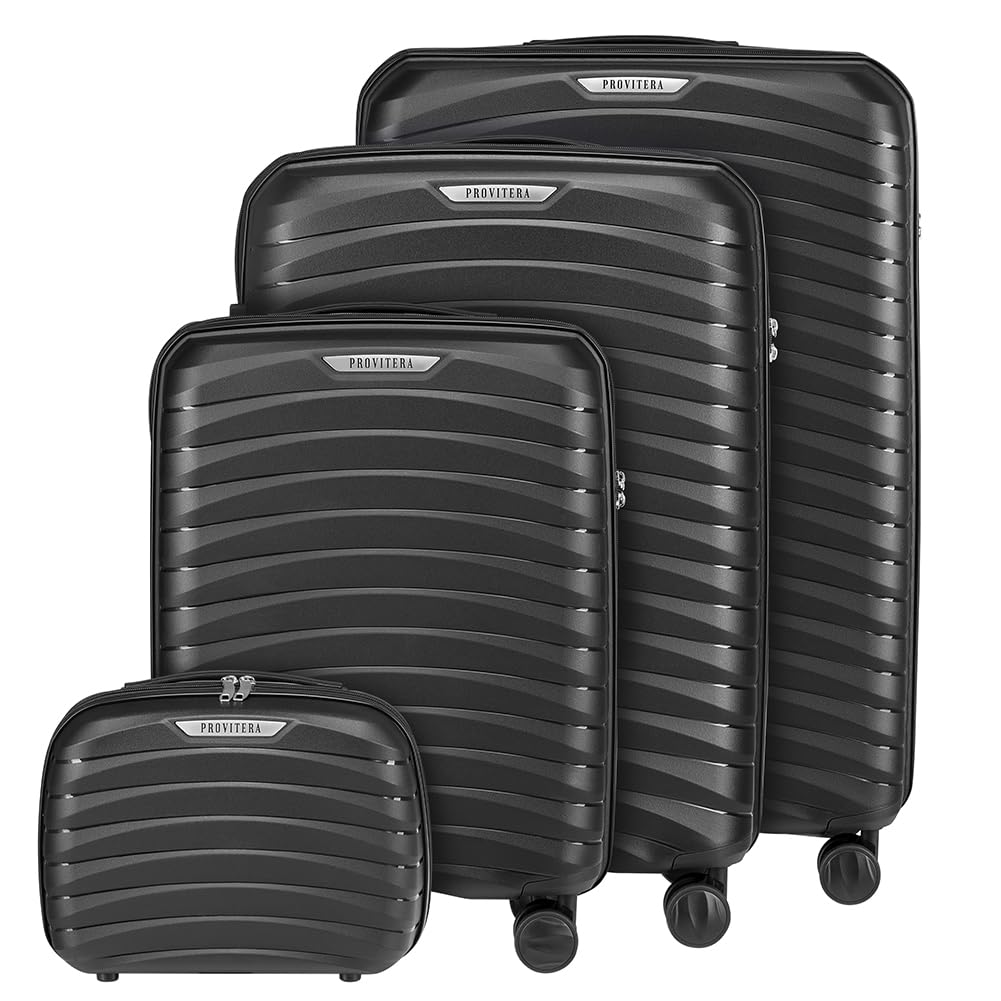 Set 4 Valigie Rigide con Beauty Case in Polipropilene Ultra Resistente agli Urti, Trolley Manico Telescopico e Ruote Easy Roll, Serratura Codice Rinforzata e Design Moderno (Nero)