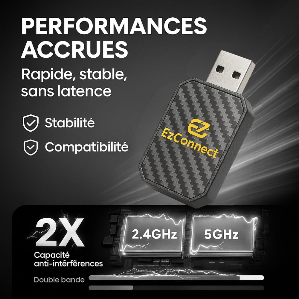 Officiel - Carplay sans Fil - Adaptateur carplay sans Fil - pour Apple CarPlay/Android Auto- Bluetooth 5.3 et WiFi 6, sans décalage, Plug and Play, Connexion Automatique.