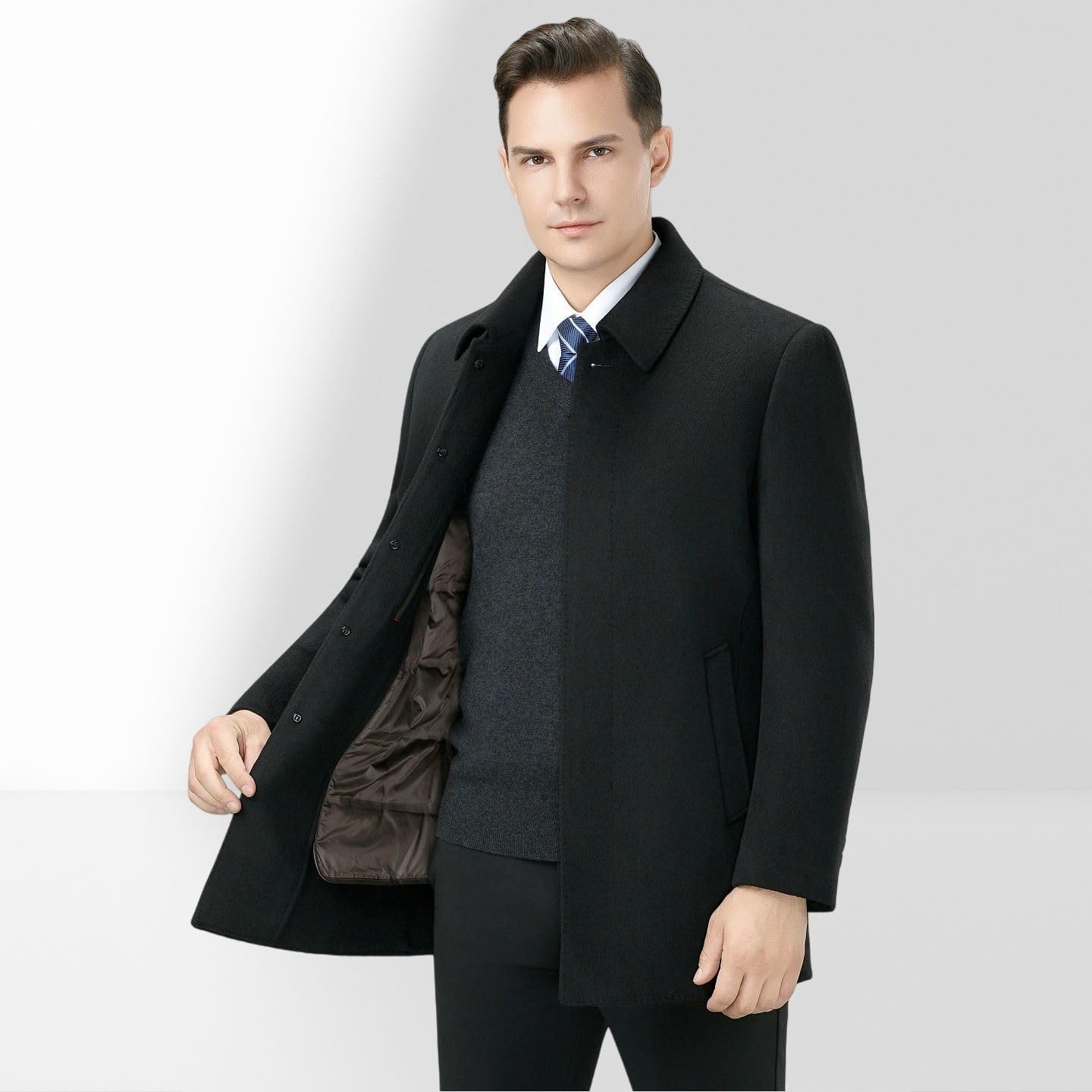 Cappotto da uomo con risvolto in lana double-face autunno inverno fodera rimovibile mezza età