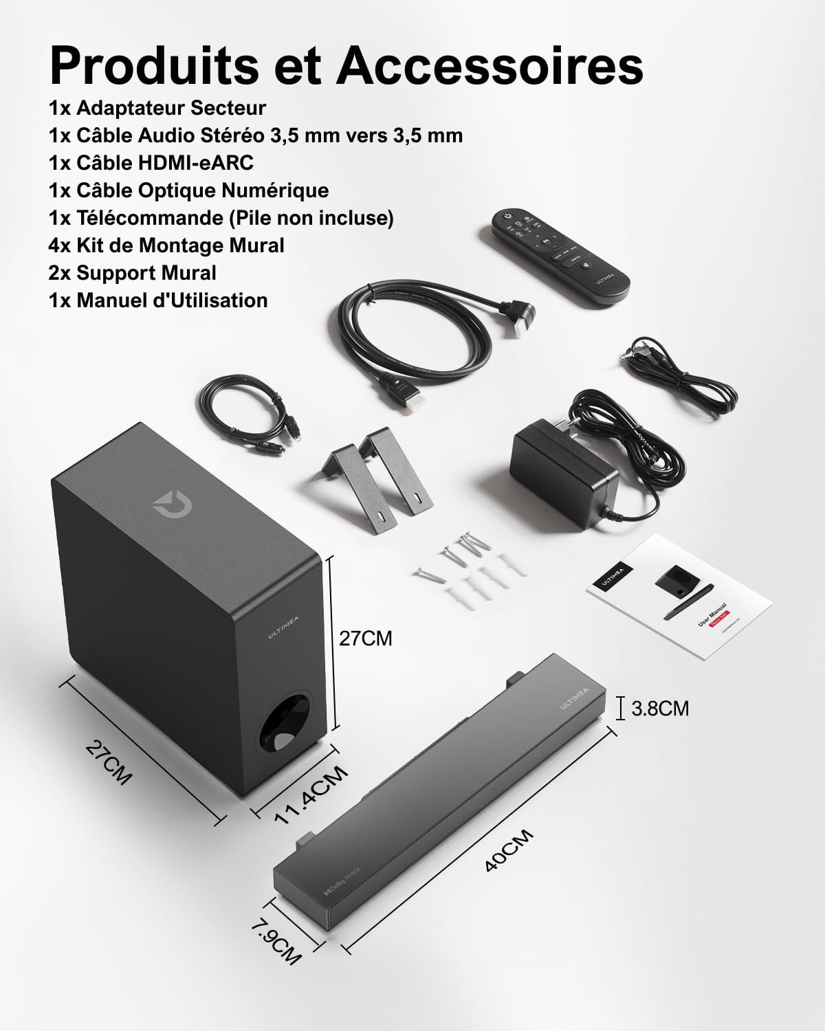 ULTIMEA Dolby Atmos Barre De Son pour TV, BassMX, 3D Surround Système pour Haut-Parleurs, 2.1 Barre Son avec Caisson de Basse pour Home Cinéma, Ultradeluxe, 190W Crête, Nova S50 Série