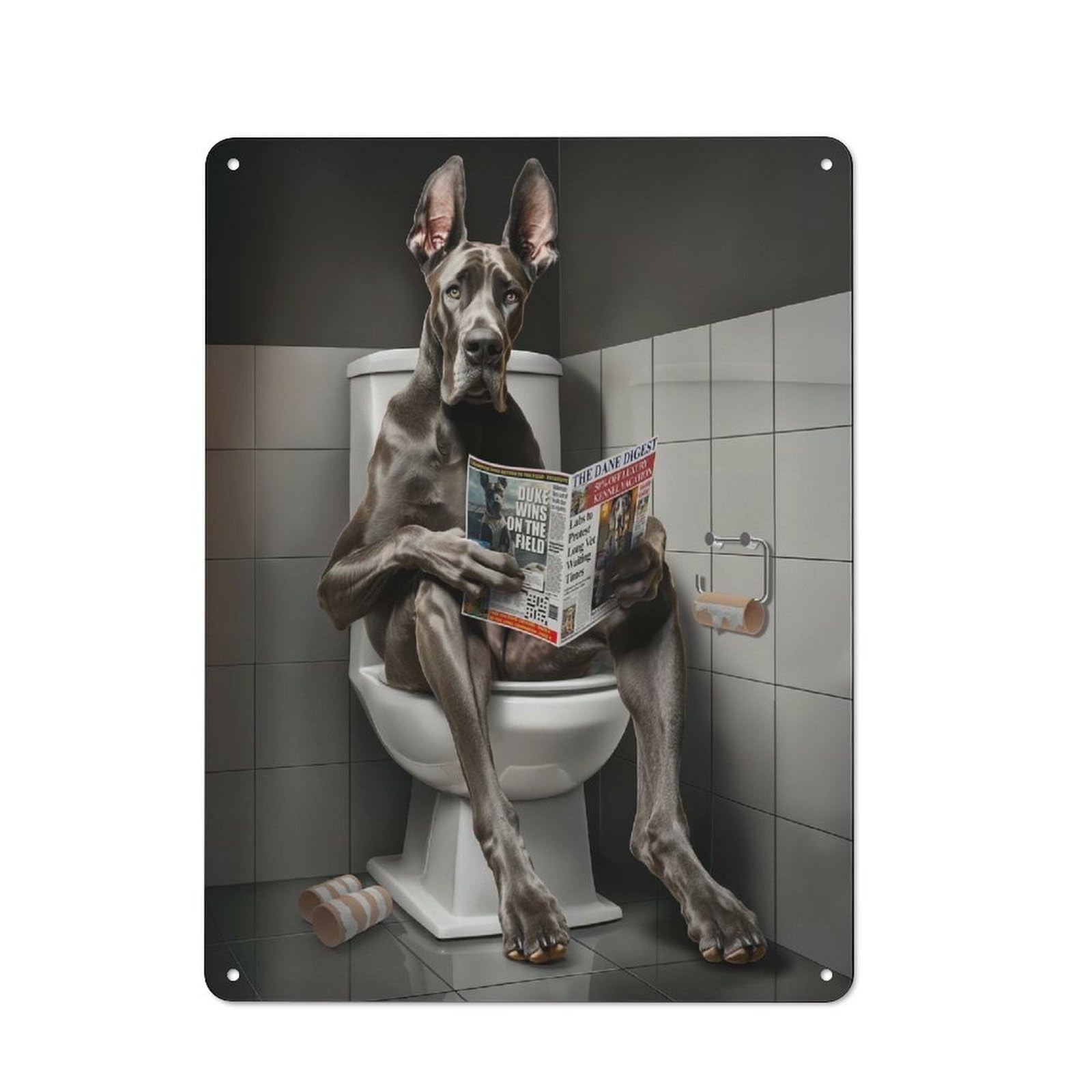 Junmoney Great Dane Reading On Toilet Metal Plaque 40X30cm With For Hallway Wall, Rustic Decor, For Garage, Workshop And Man Cave Decoration