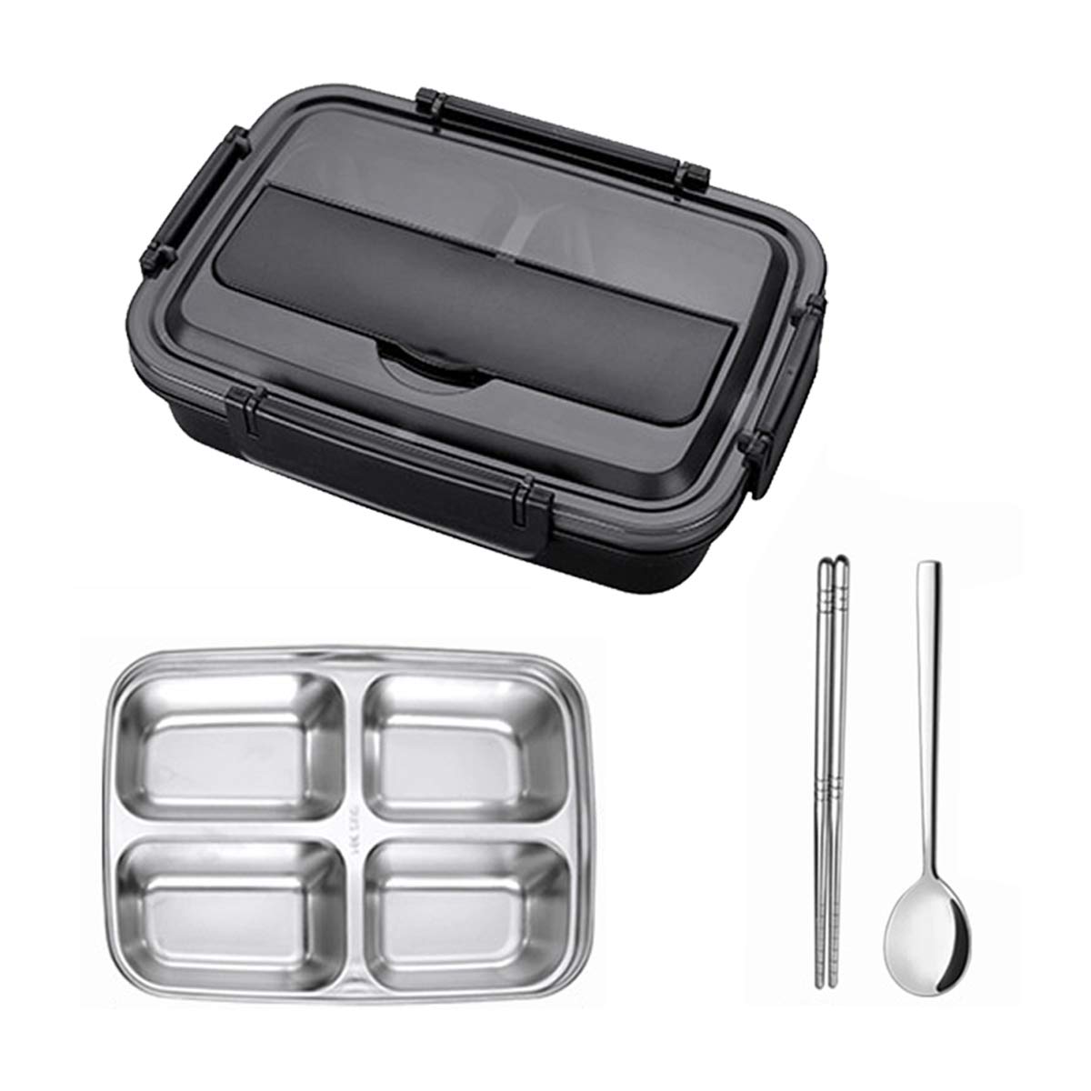 HYTX 4 Compartment Stainless Steel Bento Lunch Box for Adults or Kids - Leak Proof, BPA-Free Food Container with Spoon and Chopsticks (Black)