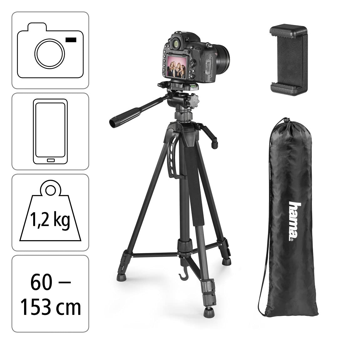 Hama Statyw do kamery Action 153 3D (lekki statyw fotograficzny z uchwytem na telefon komórkowy, tripod o wysokości 60-153 cm, trójnożny statyw z głowicą 3-drożną, statyw do lustrzanki, pasuje do