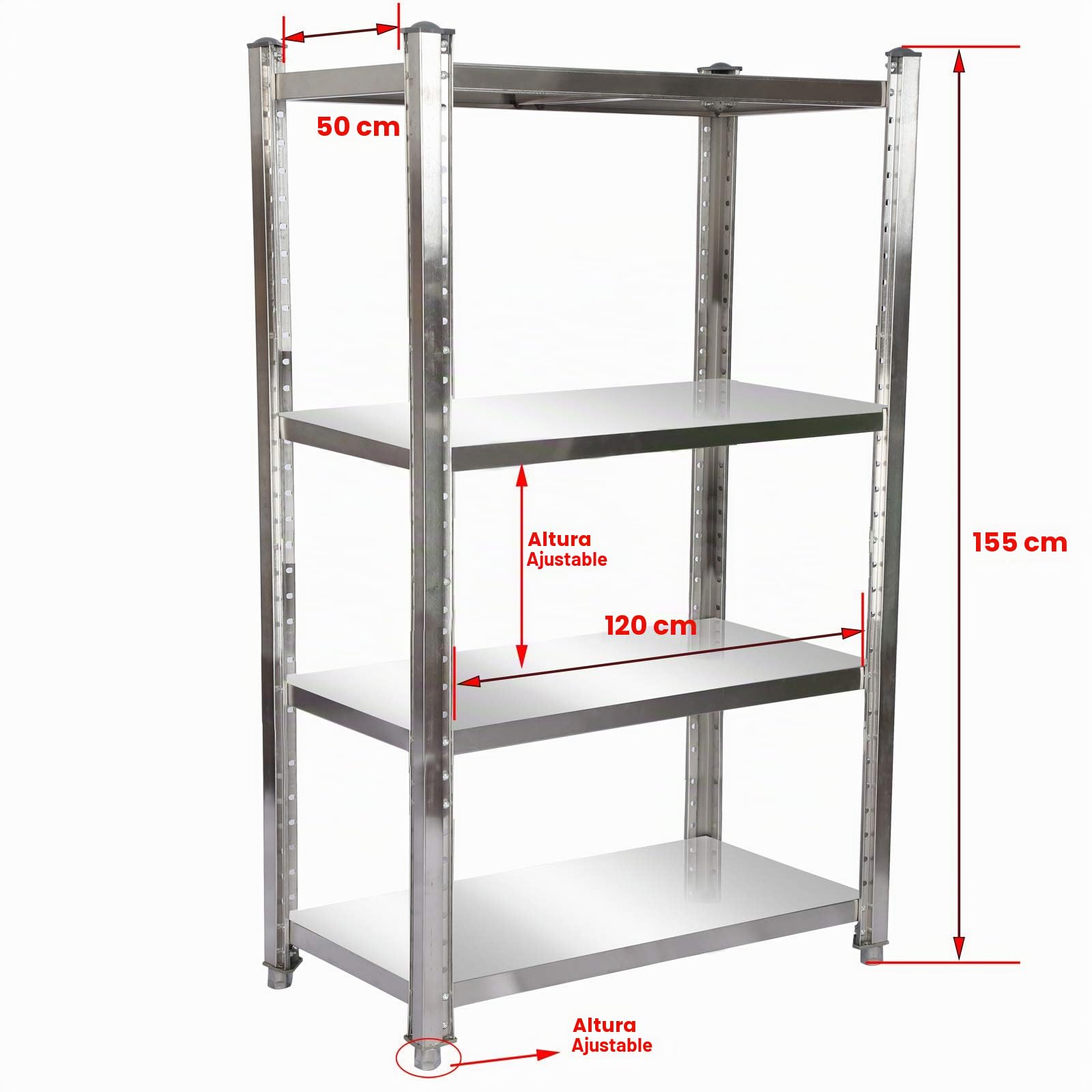 WilTec Estantería de Acero Inoxidable 120x50x155cm con 4 baldas para hostelería, Cocina Industrial, almacén