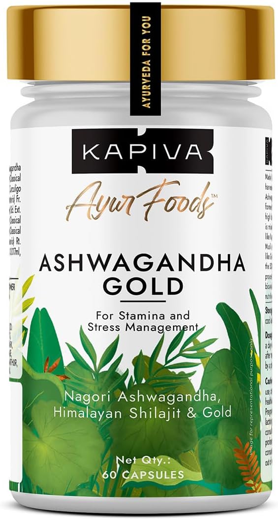 Kapiva Ashwagandha Gold Capsules, 183rd day harvested Potent Nagori Ashwagandha With Gold, Shilajit | Helps in Stress Management, Improve Energy and Stamina | For Men & Women (60 Capsules)