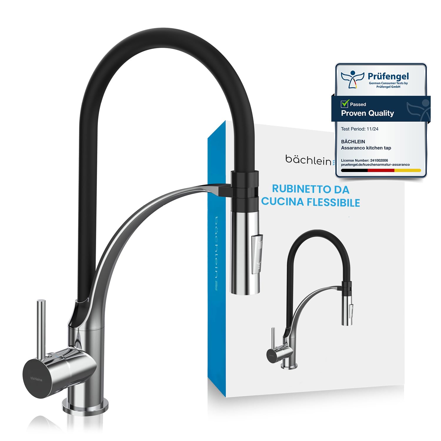 Bächlein Robinet de cuisine pivotant à 360° (acier inoxydable brossé) avec douchette extractible et interrupteur – Mitigeur d'évier avec col flexible et douchette avec support magnétique