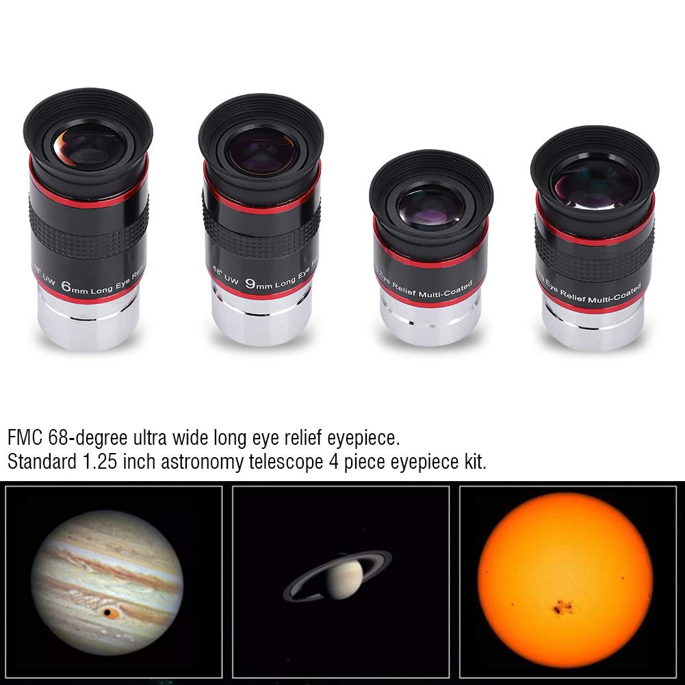 Teleskop astronomiczny 1,25 "4-częściowy zestaw okularów, zestaw okularów FMC 6MM / 9MM / 15MM / 20mm do teleskopu, okular FMC 68 stopni z wyjątkowo długim odstępem ocznym