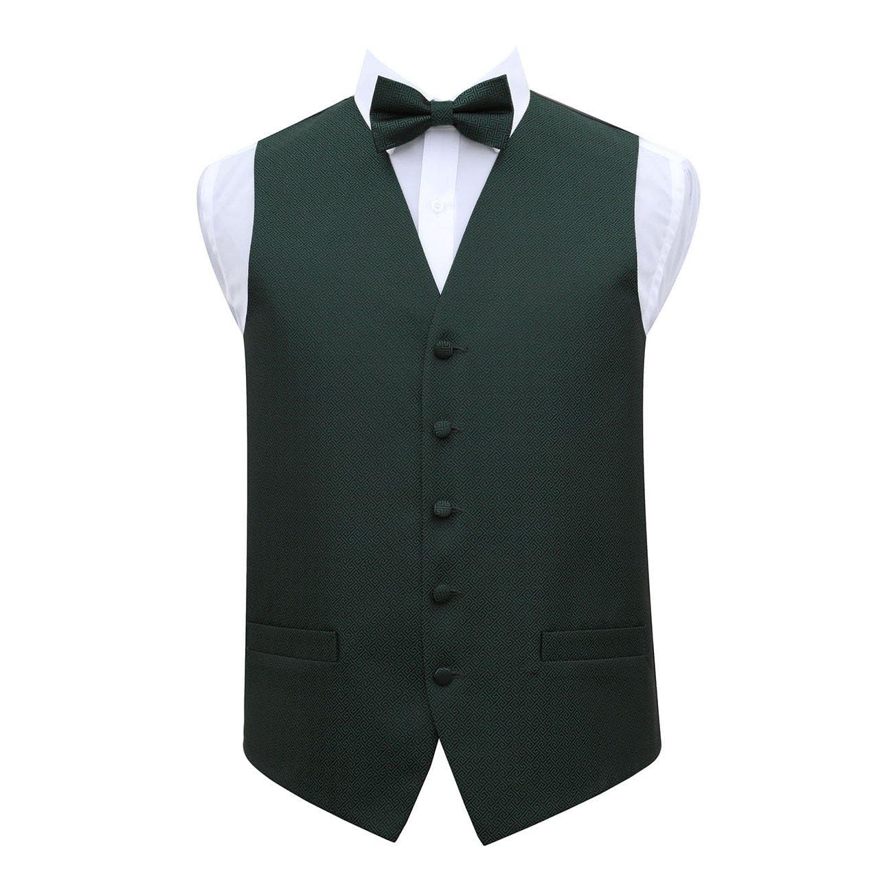 Dqt Men's Dark Green Greek Key Jacquard Waistcoat & Pre-Tied Bow Tie Set (2Pc) - Wedding, Business & Formal - 38" M