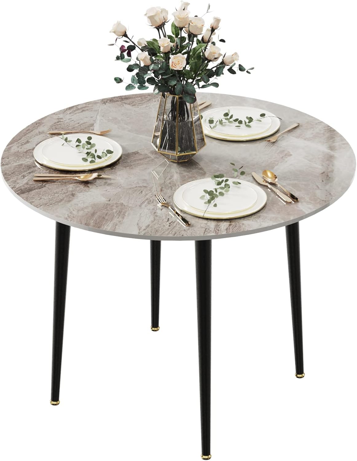 FATIVO Mesa Comedor Mármol Cocina: Mesa de Jantar Redonda Estilo Nórdico Moderno de Piedra Sinterizada con Patas de Metal para 2-4 Personas 80x80 cm, Gris