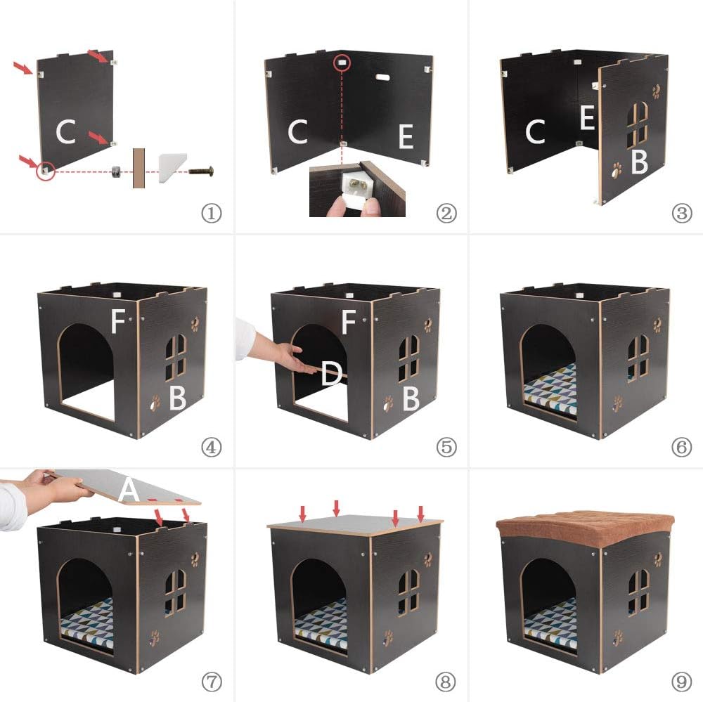 SONGWAY Cat House for Indoor Cats Large, Pet Cave with Carpet, Pet House Ottoman, Multipurpose Footrest with Cushion, Cube House for Cats and Small Dogs, Black L