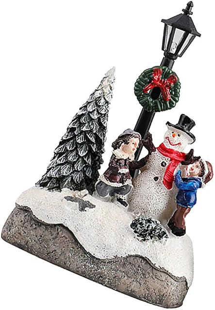 Amosfun Resin Christmas Scene Figurines with Led Light Snowman Christmas Decoration Battery Operated Christmas Ornamnet Micro Landscape Decor