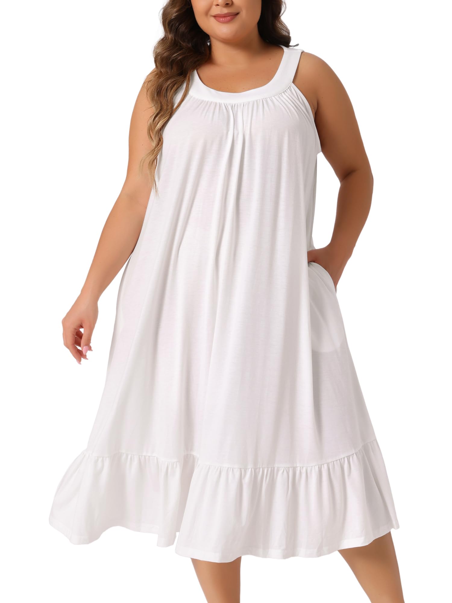 Agnes Orinda Plus Size Women's Nightgown Tank Sleeveless Sleepwear Wide Strap Chemise Pleated Nightdress with Pockets